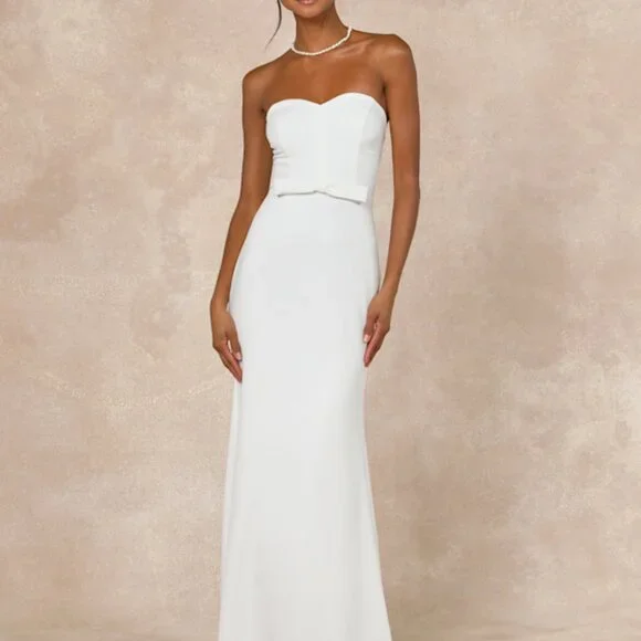 Lulus Momentous Romance White Strapless Bow Mermaid Maxi Dress - Size S - Picture 1 of 6